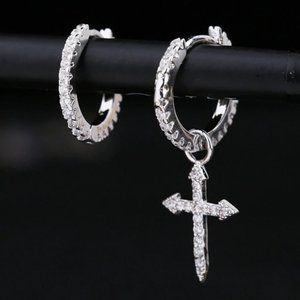 *925 Sterling Silver Diamond Cross Hoop Earrings